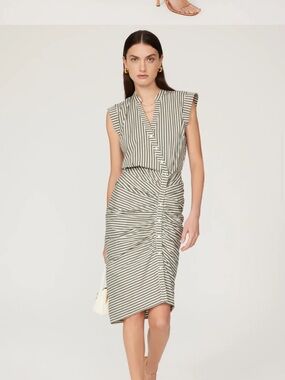 Veronica Beard Gray & White Striped V-Neck Ruched Midi Dress 100% Cotton